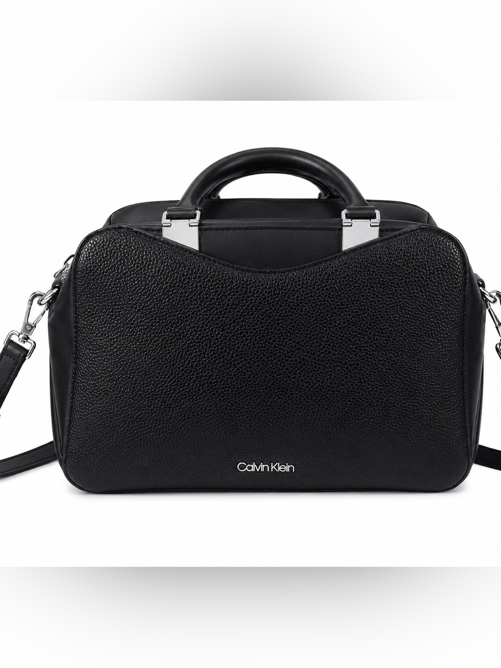 Calvin Klein Black Pebbled Faux Leather Satchel Crossbody Bag Silver Hardware